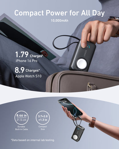 Anker MagGo 10K 35W power bank for Apple Watch, compact portable charger with magnetic attachment and sleek design.