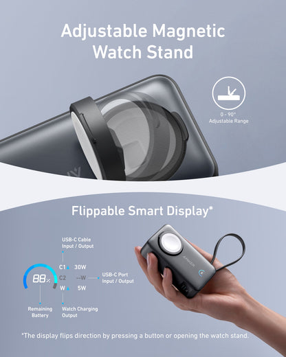 Anker MagGo 10K 35W power bank with Apple Watch charging pad, portable device for fast charging Apple Watch and smartphones.