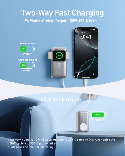 Anker MagGo 10K 35W power bank with Apple Watch charging magnetic pad and sleek black design.
