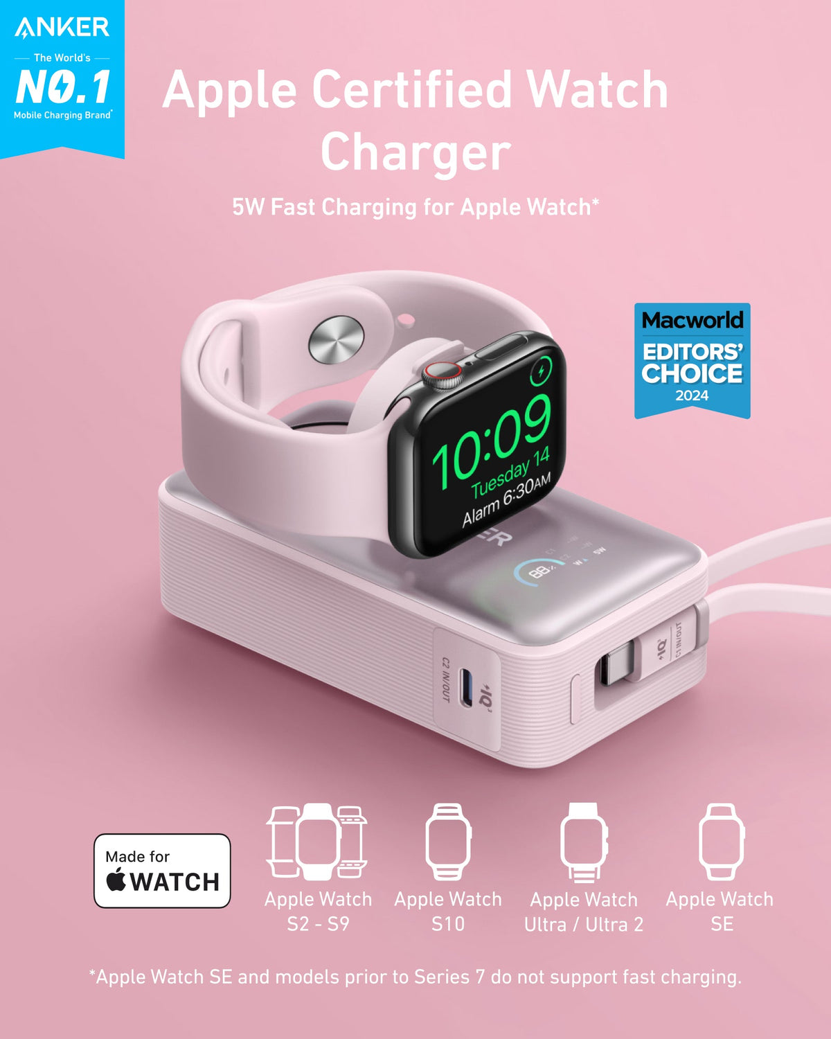 Anker MagGo 10K 35W power bank for Apple Watch, showing sleek black design and MagSafe charging connector.