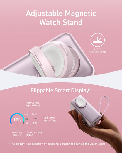 Anker MagGo 10K 35W power bank with magnetic charger for Apple Watch, compact portable design with sleek black finish.