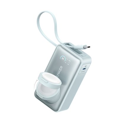 Anker MagGo 10K 35W power bank for Apple Watch, compact portable charger with magnetic charging pad and sleek design.