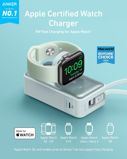 Anker MagGo 10K 35W power bank with Apple Watch charging pad and USB-C port, compact portable power source.