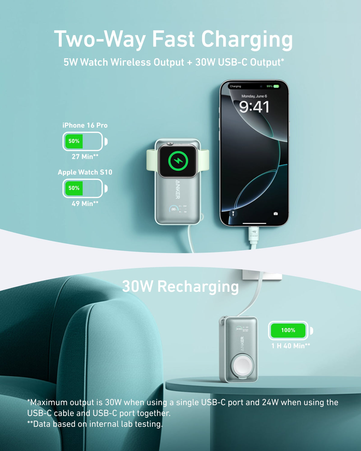 Anker MagGo 10K 35W power bank with Apple Watch charging pad, compact portable design, gray color, and charging ports.