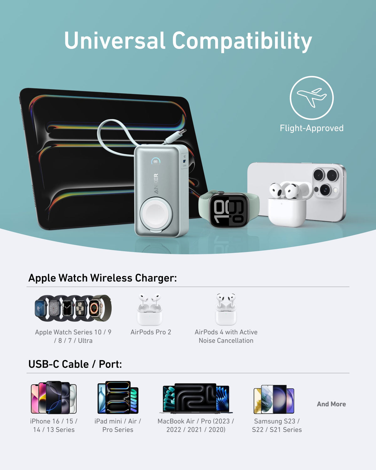 Anker MagGo 10K 35W power bank with Apple Watch charging port, compact portable design, and sleek black finish.