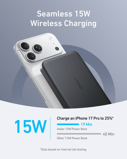 Anker MagGo 10K Slim Power Bank with magnetic charging pad, compact design, black exterior, and USB-C port for portable power.