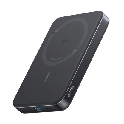 Anker MagGo 10K Slim Power Bank showing portable design with matte finish and USB-C charging port.