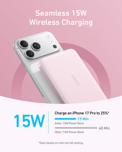 Anker MagGo 10K Slim Power Bank with MagSafe magnetic wireless charging and compact design, shown on a white background.