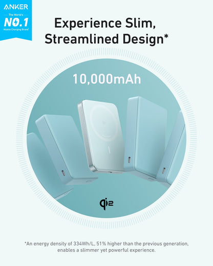 Anker MagGo 10K Slim Power Bank showing a sleek, compact design with USB-C port and MagSafe compatibility.
