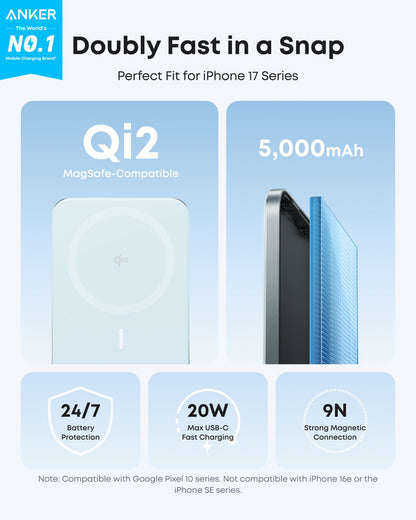 Anker Nano 5K MagGo slim power bank with integrated MagSafe-style magnetic charging pad, compact design for mobile devices