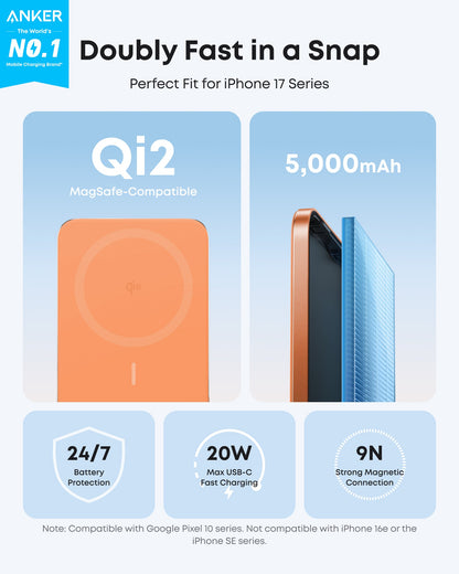Anker Nano Power Bank 5K with MagGo and slim design, portable USB-C portable charger for smartphones and devices.
