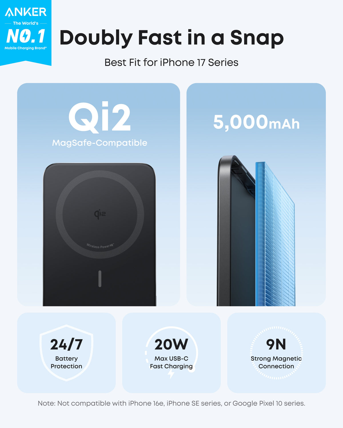 Anker Nano Power Bank 5K with MagGo, slim portable charger, compact design, black color, and USB-C port for charging devices.