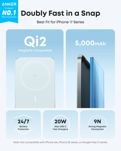 Anker Nano 5K MagGo slim power bank with USB-C port, compact portable charger for smartphones and devices.