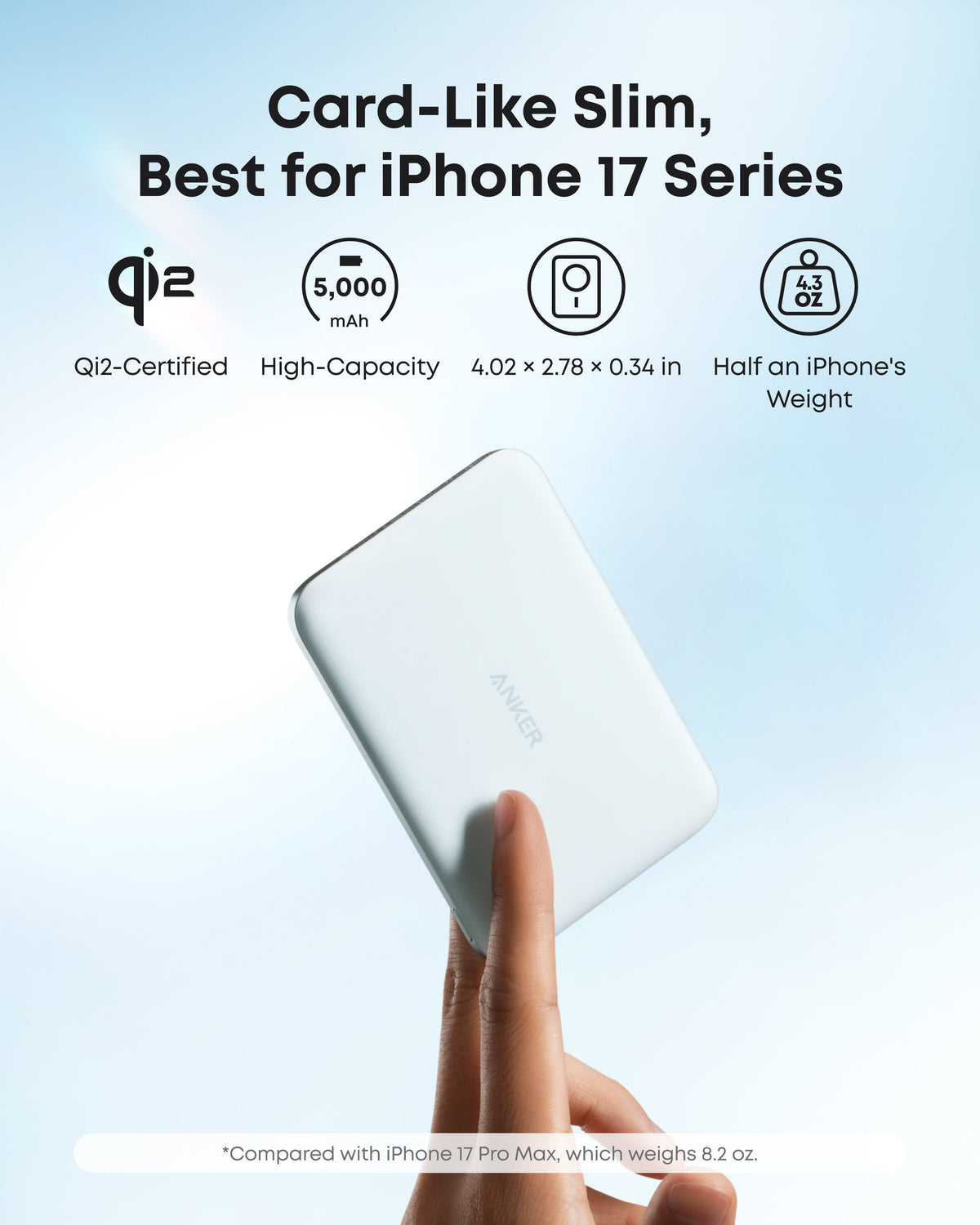 Anker Nano 5K MagGo Slim power bank with USB-C port and LED indicator, compact portable charger for smartphones.