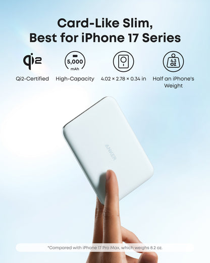 Anker Nano 5K MagGo Slim power bank with USB-C port and LED indicator, compact portable charger for smartphones.
