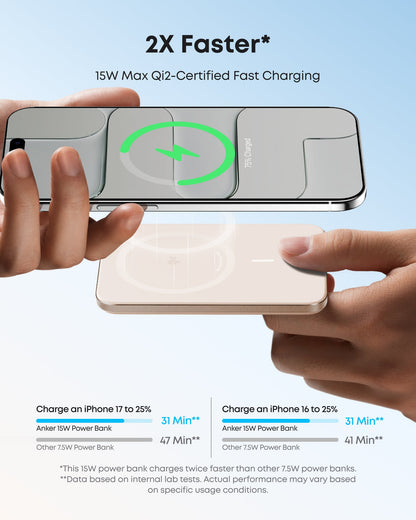 Anker Nano 5K MagGo slim power bank with USB-C port and LED indicator, compact portable charger for smartphones and devices.