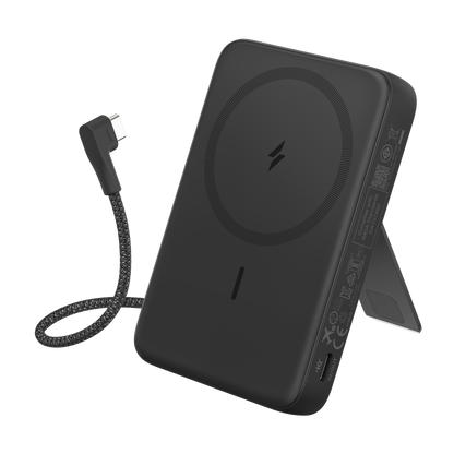 Anker Zolo Magnetic Power Bank 10K with 30W USB-C cable, compact black portable charger with magnetic attachment and built-in USB-C cable.