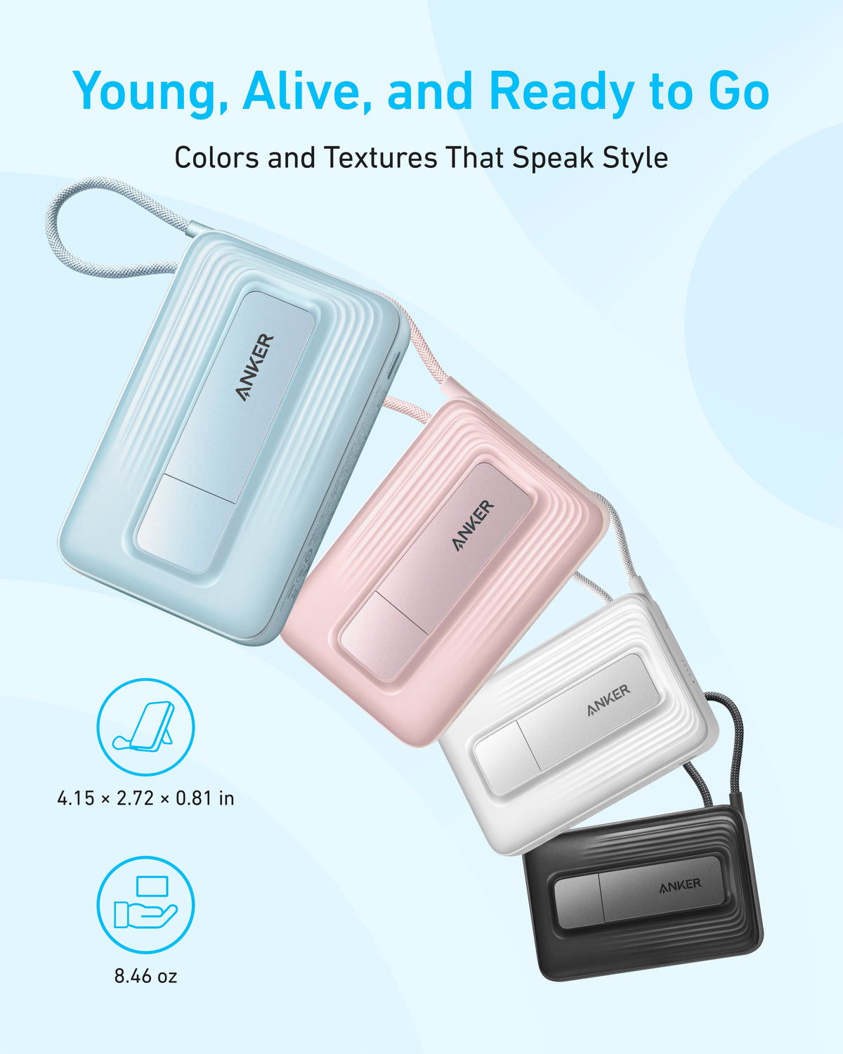 Anker Zolo magnetic power bank with built-in USB-C cable, 10,000mAh capacity, 30W fast charging, shown with magnetic attachment and ports