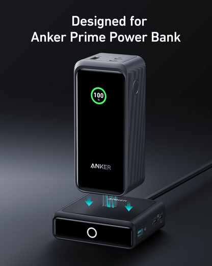 Anker 100W charging base connected to Anker Prime Power Bank for fast, efficient power transfer and charging.
