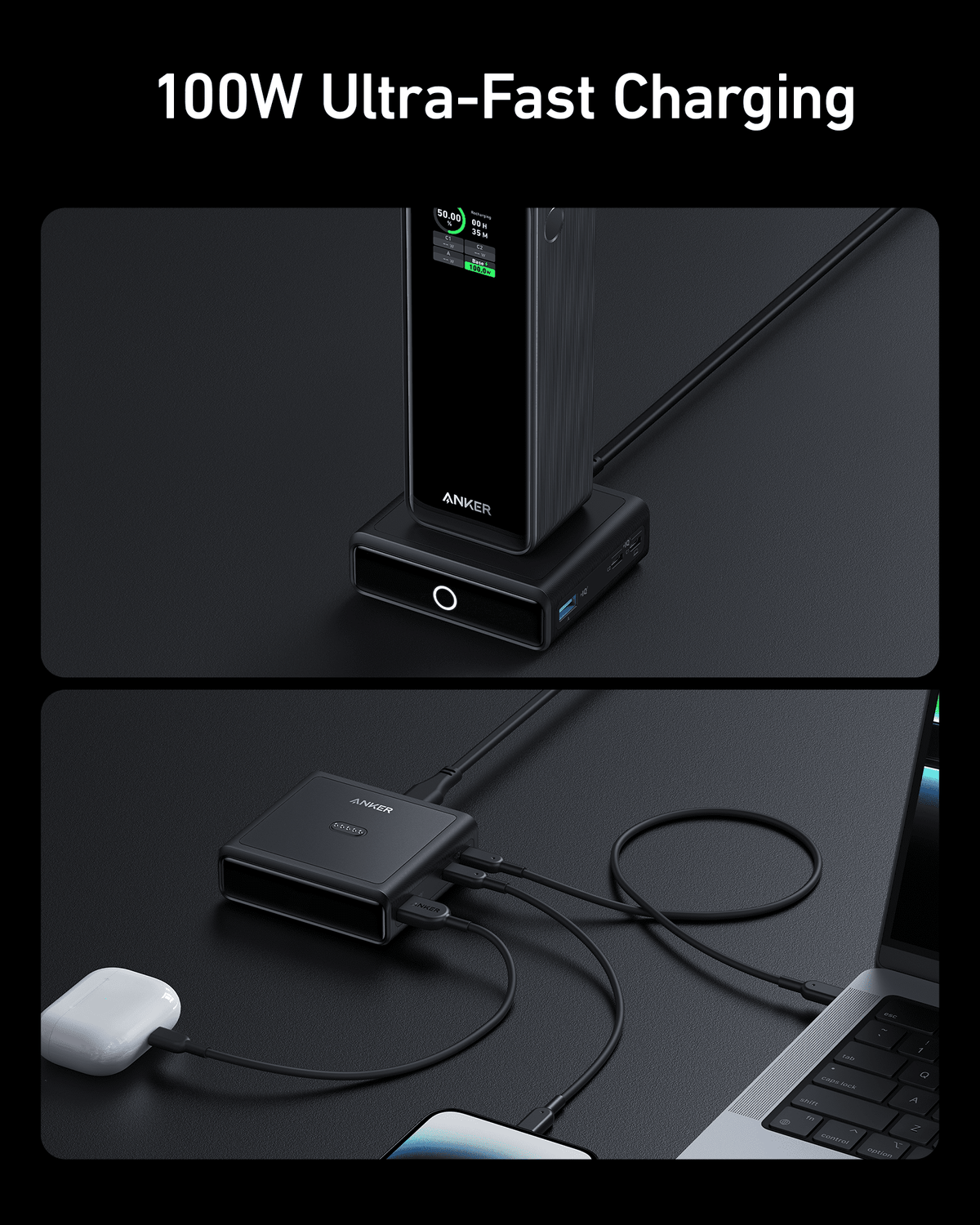 Anker 100W charging base connected to Anker Prime Power Bank, designed for fast and efficient charging of electronic devices