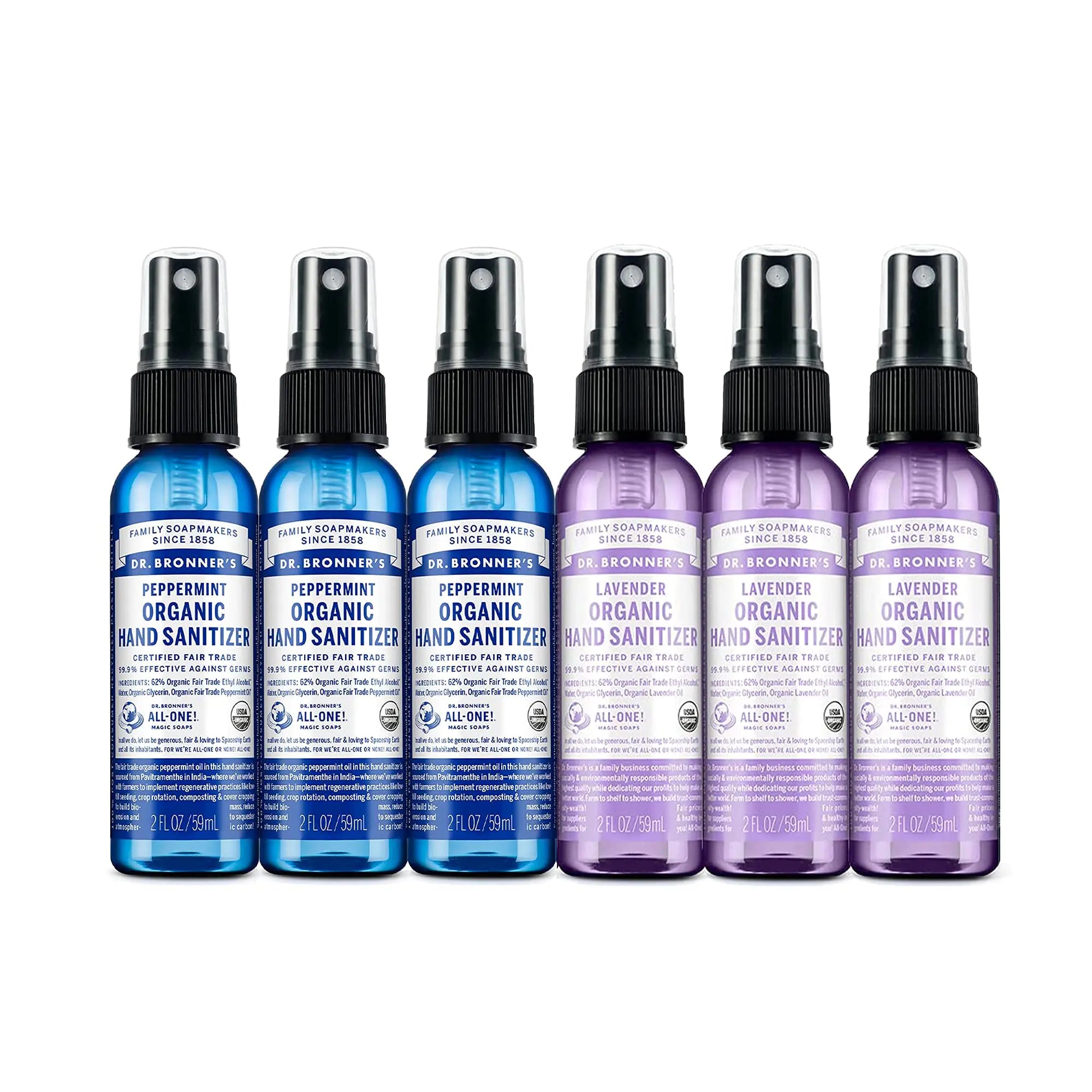 Dr. Bronners - Organic Hand Sanitizer Spray Variety Pack (Lavender & Peppermint 2 oz 6-Pack) Simple & Effective Formula Cleanses & Sanitizes No Harsh Chemicals