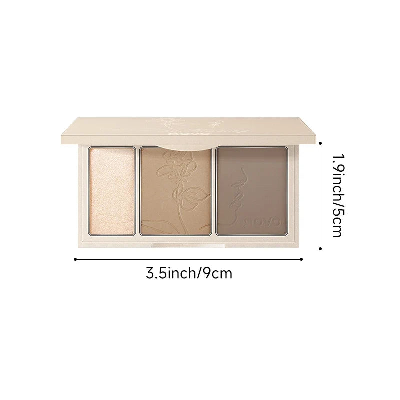 Blushimmer 3-in-1 contouring powder palette with blendable shades for highlighting and contouring, long-lasting and complexion-enhancing.