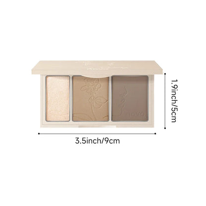 Blushimmer 3-in-1 contouring powder palette with blendable shades for highlighting and contouring, long-lasting and complexion-enhancing.