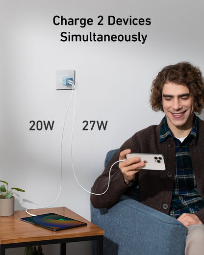 Anker 523 Nano 3 charger with 47W power, compact design, white plastic body, and USB-C port for fast charging.