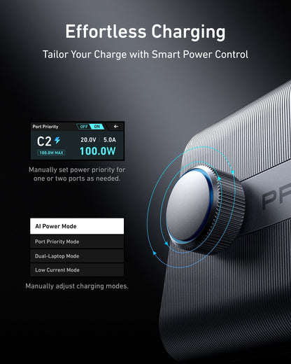 Anker Prime 250W GaN charger with six ports, compact design, and sleek black finish for fast device charging.