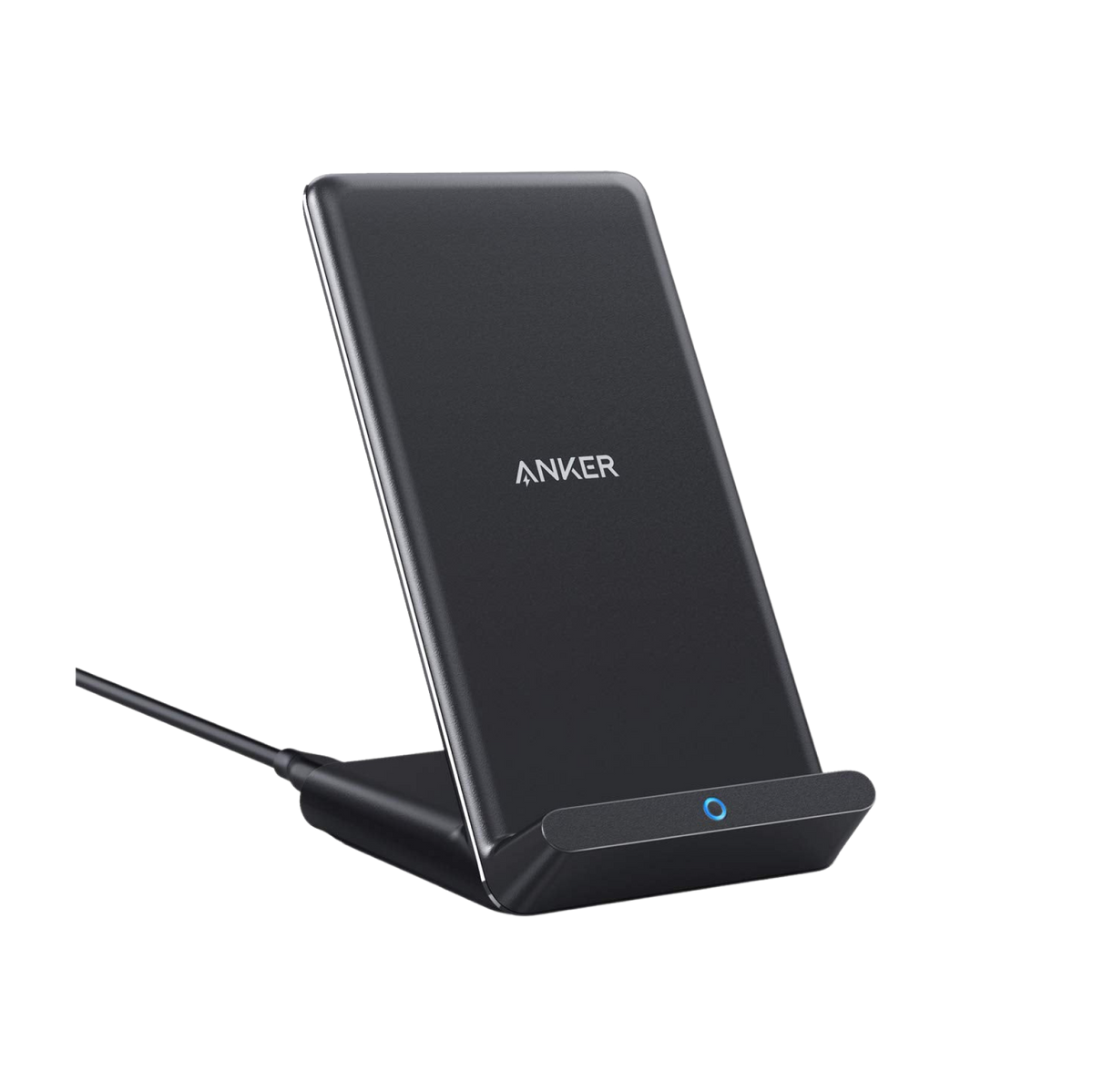 Anker 313 wireless charging stand for smartphones, sleek black design, holds device upright for convenient wireless charging.