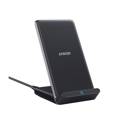 Anker 313 wireless charging stand for smartphones, sleek black design, holds device upright for convenient wireless charging.