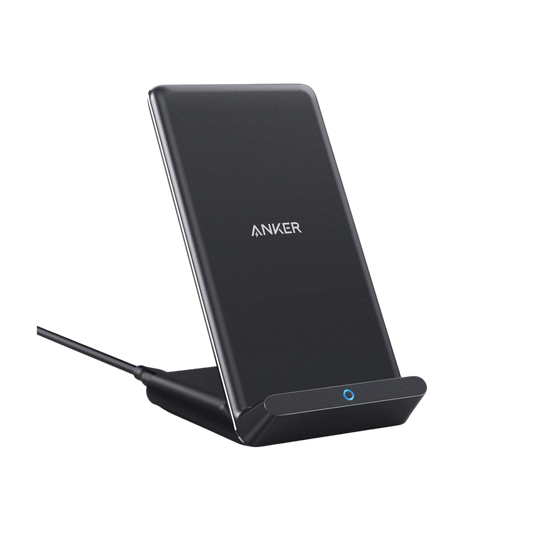 Anker 313 wireless charging stand for smartphones, sleek black design, holds device upright for convenient wireless charging.