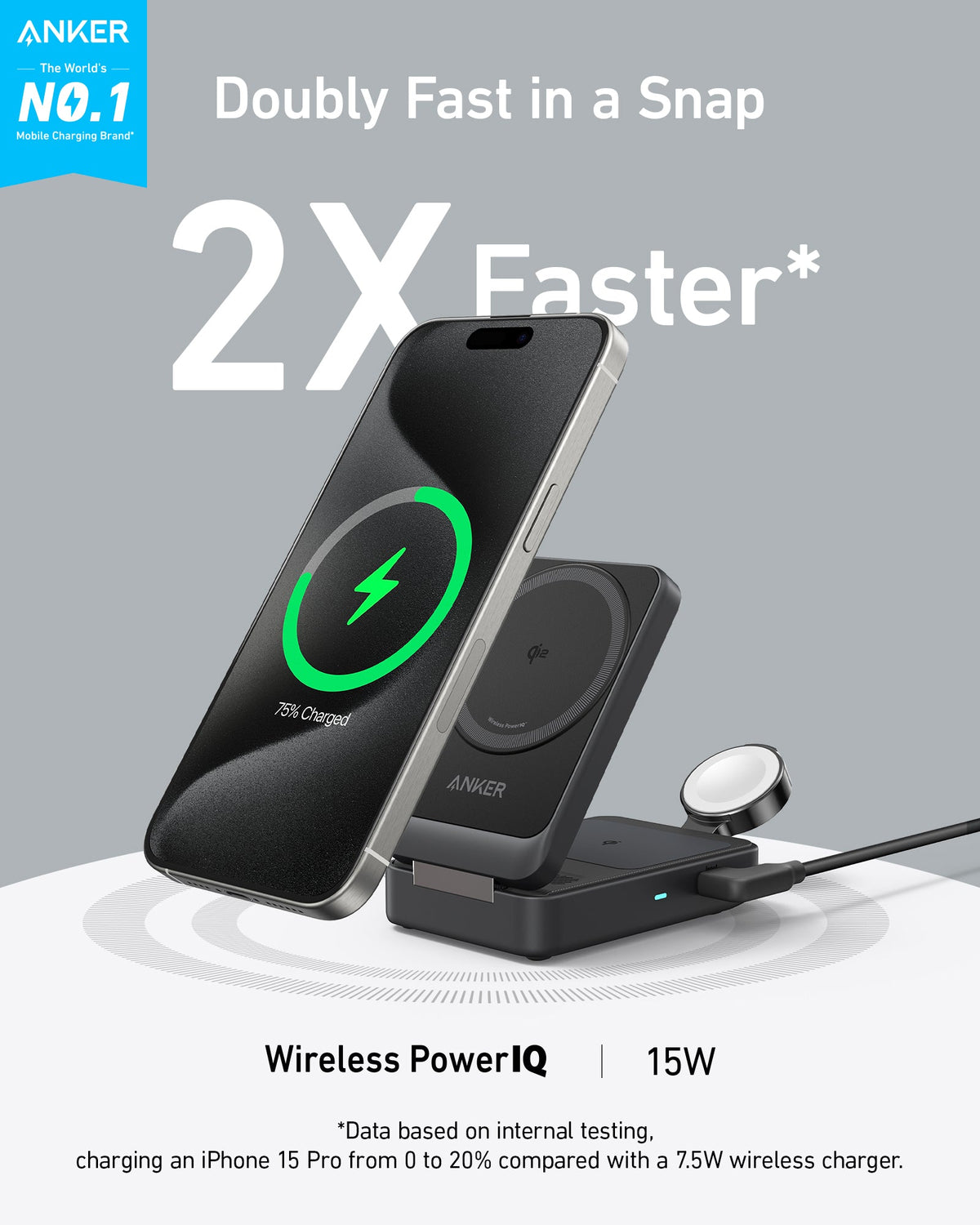 Anker MagGo 3-in-1 wireless charging station with foldable design for iPhone, Apple Watch, and AirPods.