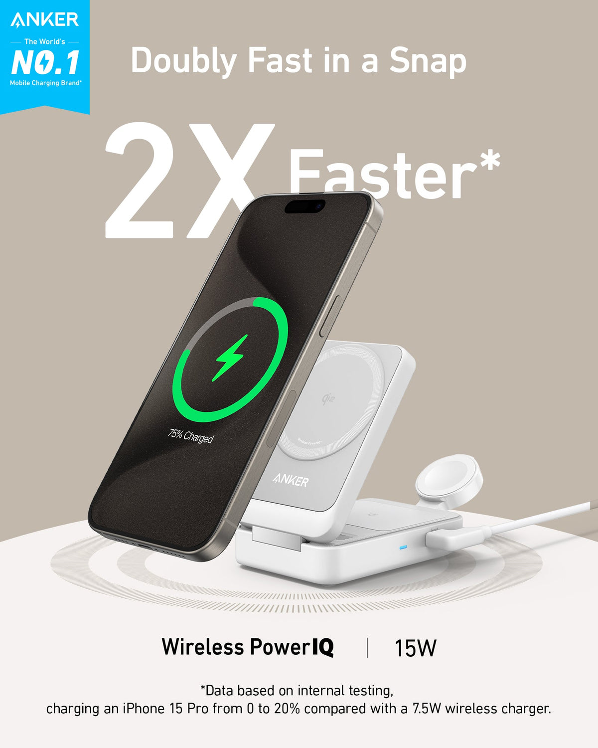 Anker MagGo wireless charging station, foldable 3-in-1 design with charging pads for phone, Apple Watch, and AirPods, on a white surface.