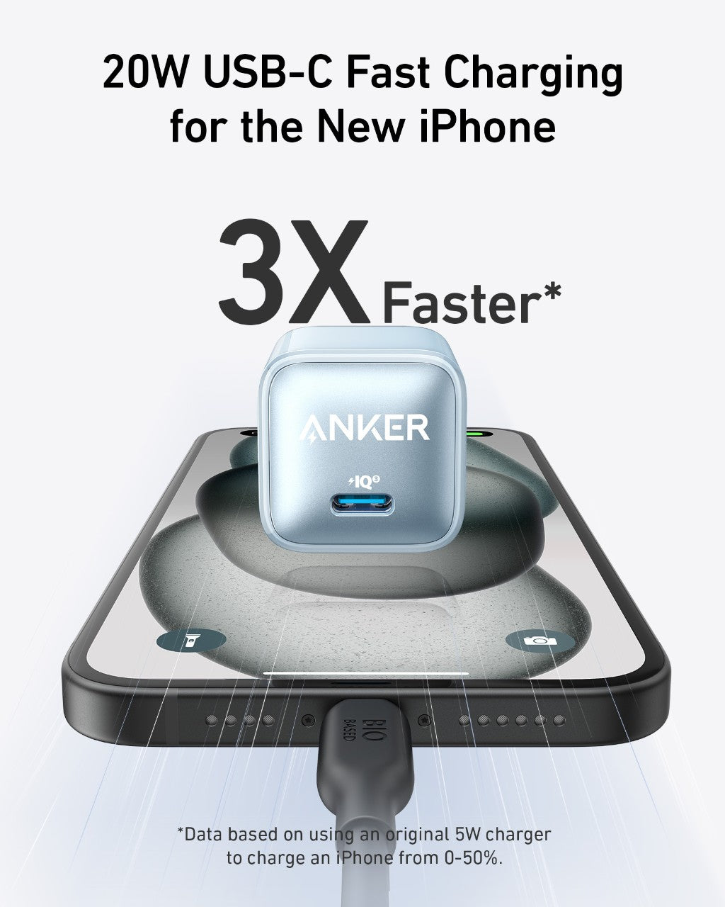 Anker Nano 20W charger for fast device charging, compact design, shown on a white background with USB-C port visible.