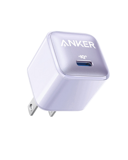 Anker Nano 20W USB-C charger for fast device charging, showing compact design and charging port.