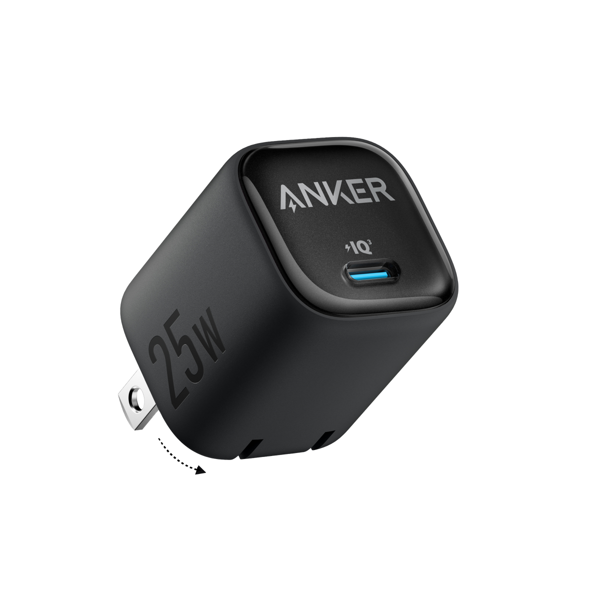 Anker 25W compact charger with USB-C port, shown in black, designed for fast charging smartphones and compatible devices.