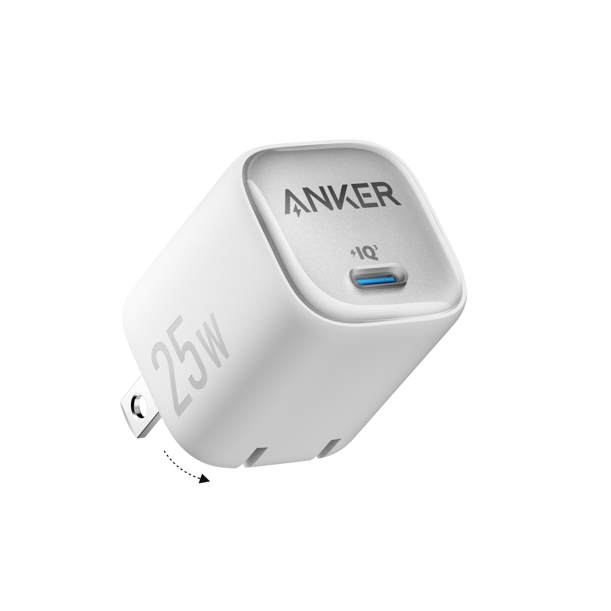 Anker 25W compact charger with USB-C port, sleek black design, and foldable plug for portable charging convenience.