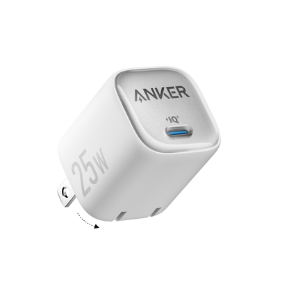 Anker 25W compact charger with USB-C port, sleek black design, and foldable plug for portable charging convenience.