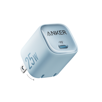 Anker 25W compact charger with USB-C port, featuring a sleek design and foldable plug for portable device charging.