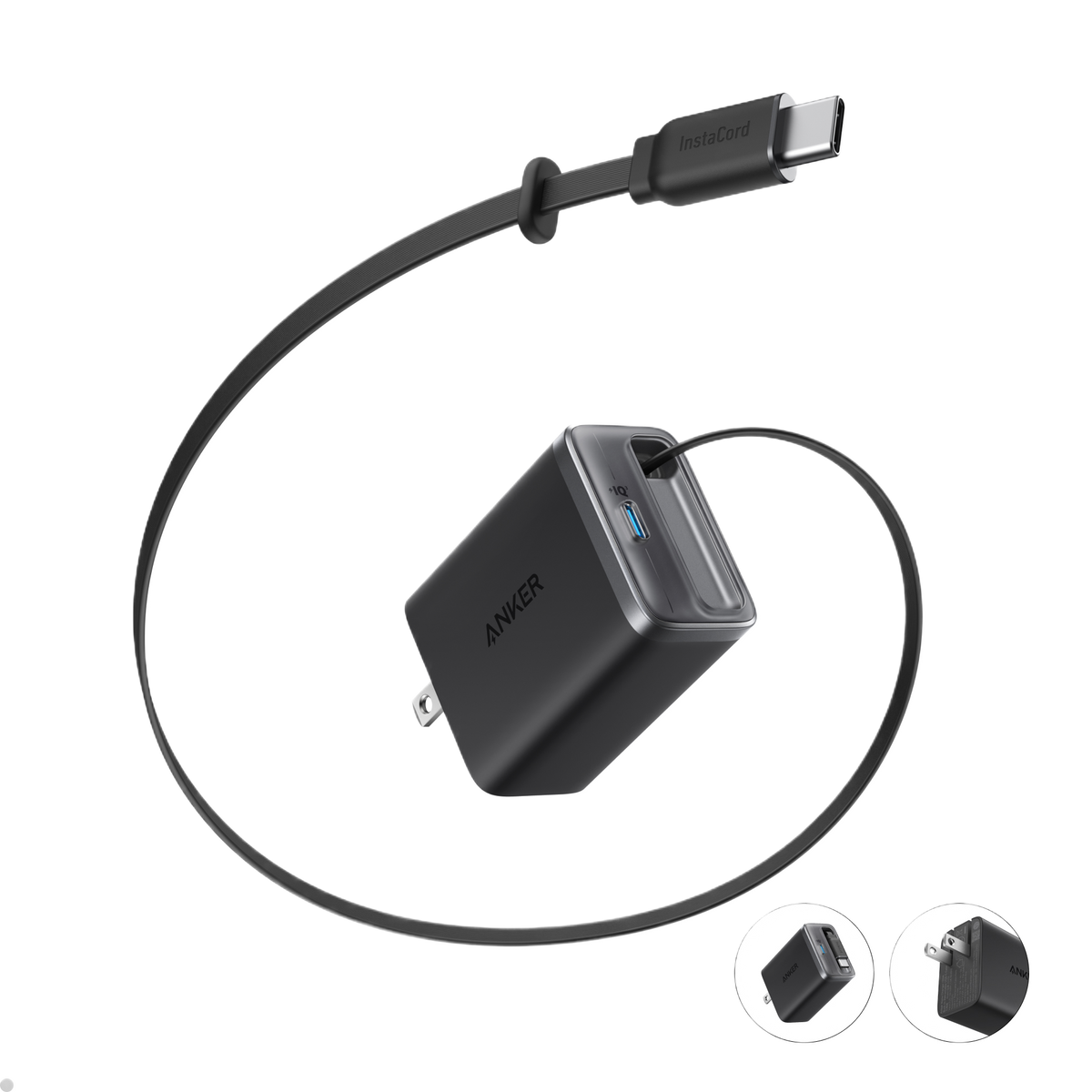Anker Nano 35W charger with built-in retractable USB-C cable, compact and portable power adapter for fast charging devices.