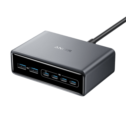 Anker Prime 200W GaN charger with six USB ports, compact design, and sleek black finish.