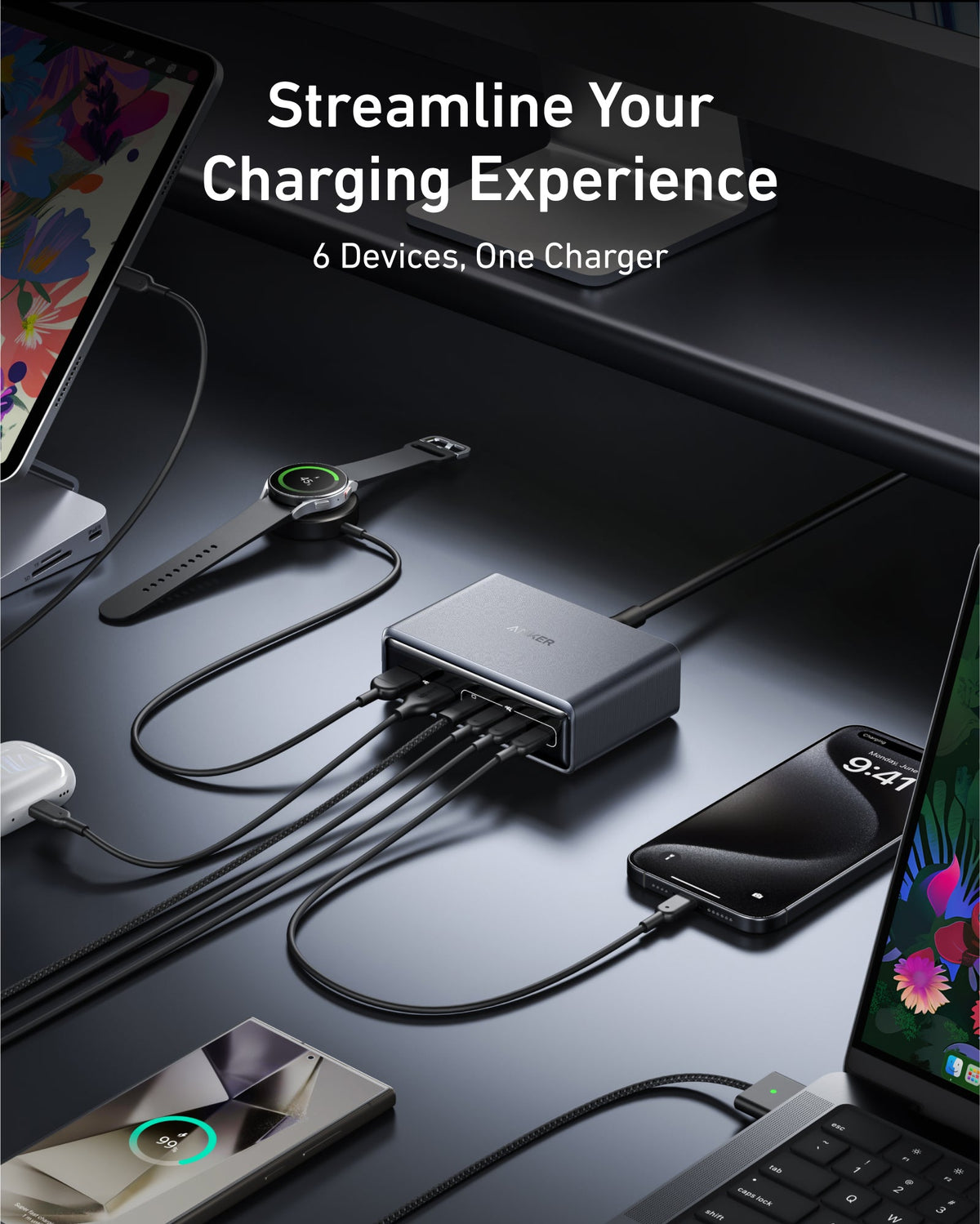 Anker Prime 200W GaN charger with six ports, compact design, and multiple charging options for various devices.