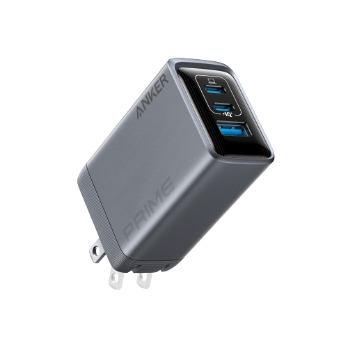 Anker Prime 100W GaN charger with three ports, compact design, and sleek black finish, suitable for fast device charging.