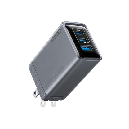 Anker Prime 100W GaN charger with three ports, compact design, and sleek black finish, suitable for fast device charging.