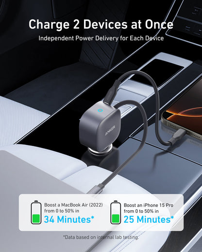 Anker Nano 75W car charger plugged into a vehicle's cigarette lighter socket, compact design with USB-C port visible.