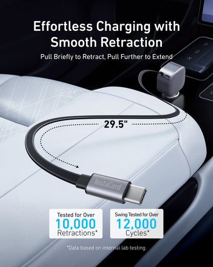 Anker Nano 75W car charger with compact design and USB-C port, shown plugged into a vehicle's cigarette lighter socket.