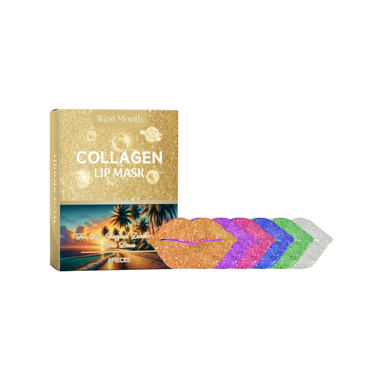 Blushimmer West&Month collagen lip mask set with six hydrating, firming, and nourishing lip masks for smooth, plumper lips.