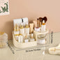 Blushimmer cosmetic storage box with drawer holding lipstick, makeup brushes, and skincare products on a countertop.