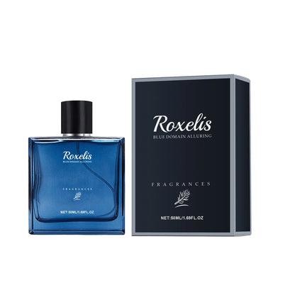 Blushimmer Roxelis 50ml men's perfume spray with blue bottle, featuring charming, lasting scent and romantic pheromone notes.